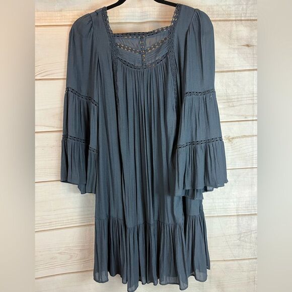 NWOT Women’s Ann Taylor LOFT A-Line Boho Dress Bell Sleeves XS Blue/Gray Peasant - Picture 1 of 8